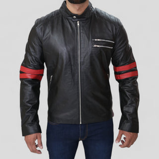 Black leather jacket with red