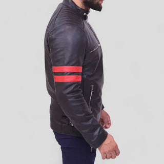 Men's Red Strip Black Cafe Racer Leather Jacket