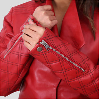 Women red leather jacket